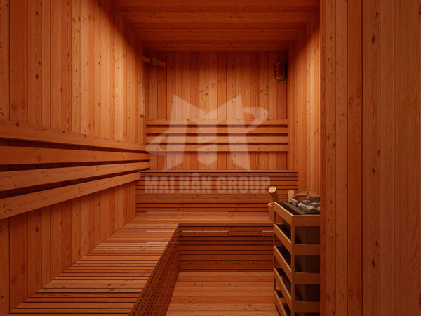 Mai Hân sử dụng gỗ thông Phần Lan làm phòng xông hơi khô