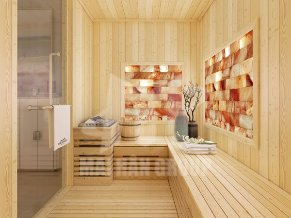 Phòng xông hơi đá muối nâng cao giá trị ngôi nhà   Ngoài những công dụng cực tốt cho cơ thể con người phòng xông hơi đá muối được nhiều gia đình lựa chọn vì tính thẩm mỹ cực cao. Tia hồng ngoại kết hợp với màu hồng cam của đá muối Himalaya tạo ra một không gian xông hơi lung linh màu sắc. Thêm vào đó trong phòng xông hơi đá muối bạn có thể lắp đặt đầu CD để nghe nhạc trong lúc thư giãn. Giữa phòng xông hơi khô thông thường và phòng xông hơi đá muối bạn sẽ nhận ra sự khác biệt rõ rệt, phòng xông hơi đá muối mang tính thẩm mỹ, sự sang trọng và đẳng cấp cho ngôi nhà.