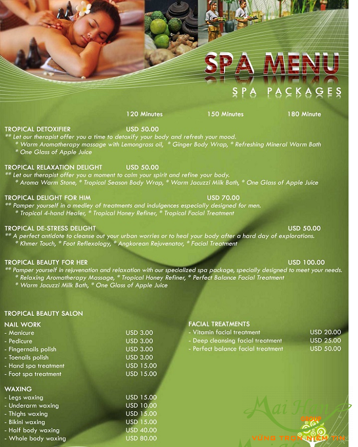 Bảng menu các gói dịch vụ spa 